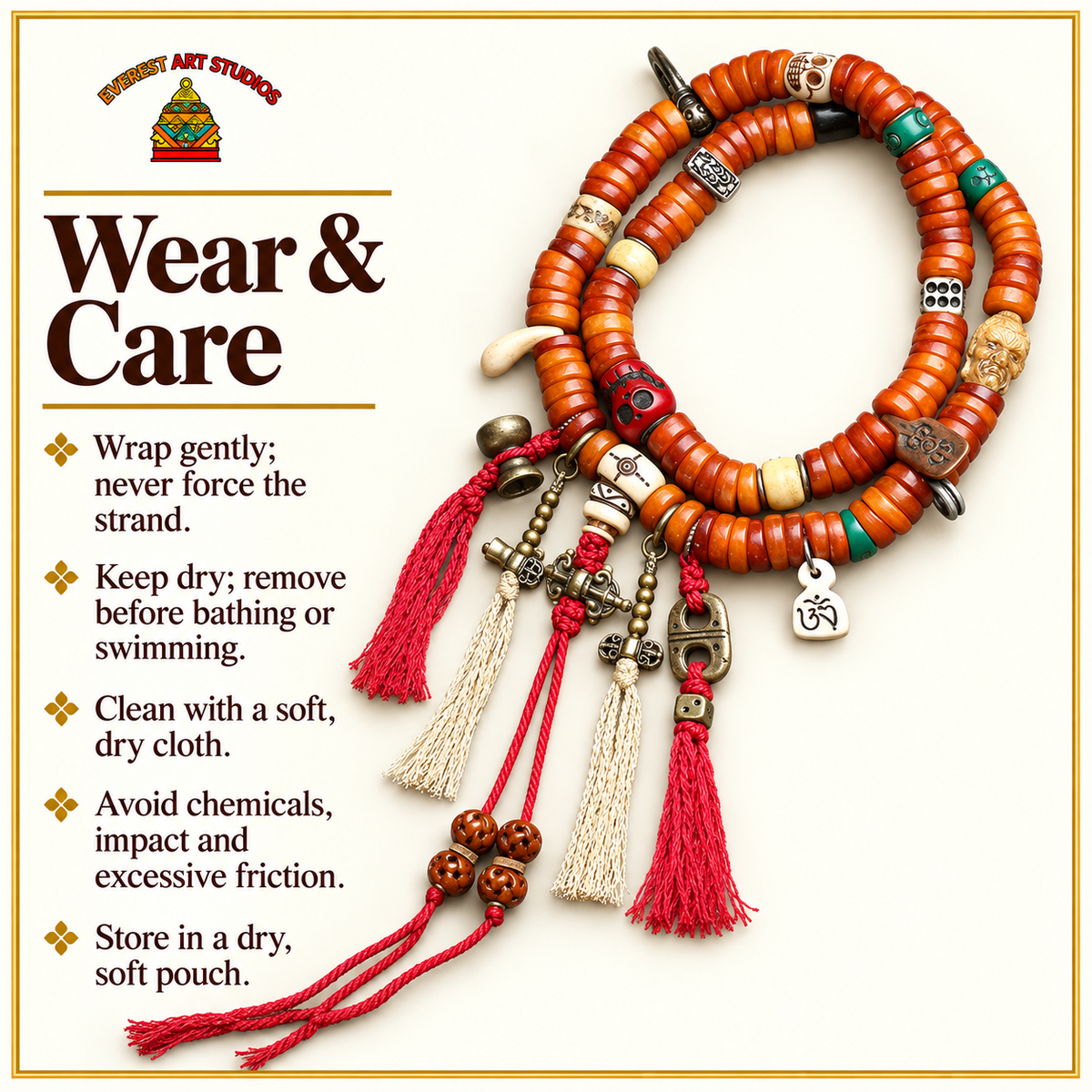EverestArtstudios Bone 108-Bead Mala with Carved and Metal-Tone Accents — care