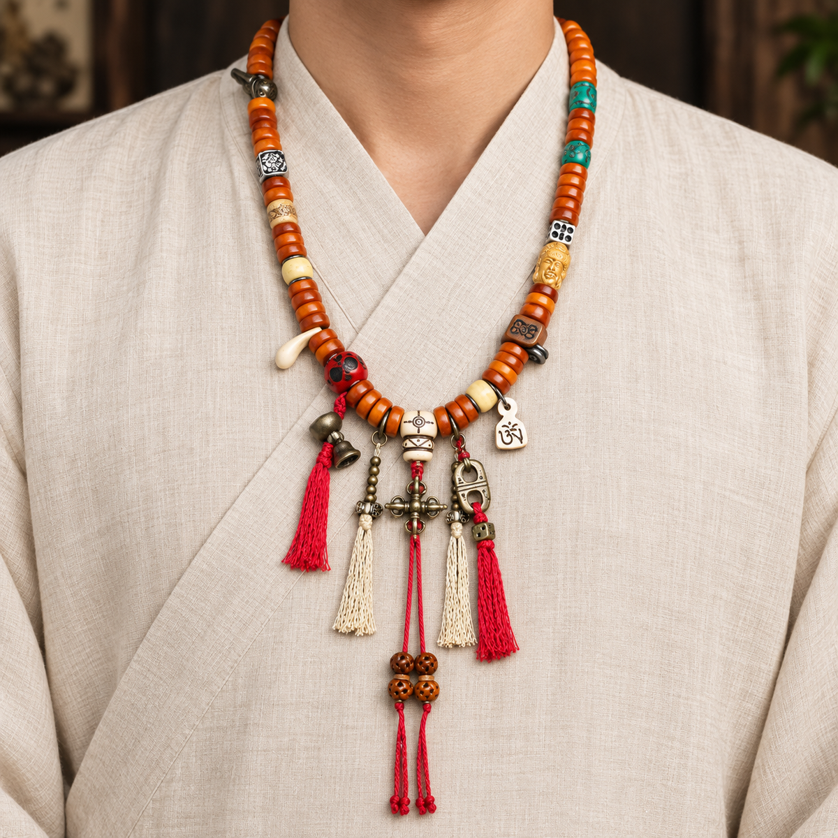 EverestArtstudios Bone 108-Bead Mala with Carved and Metal-Tone Accents — linen front