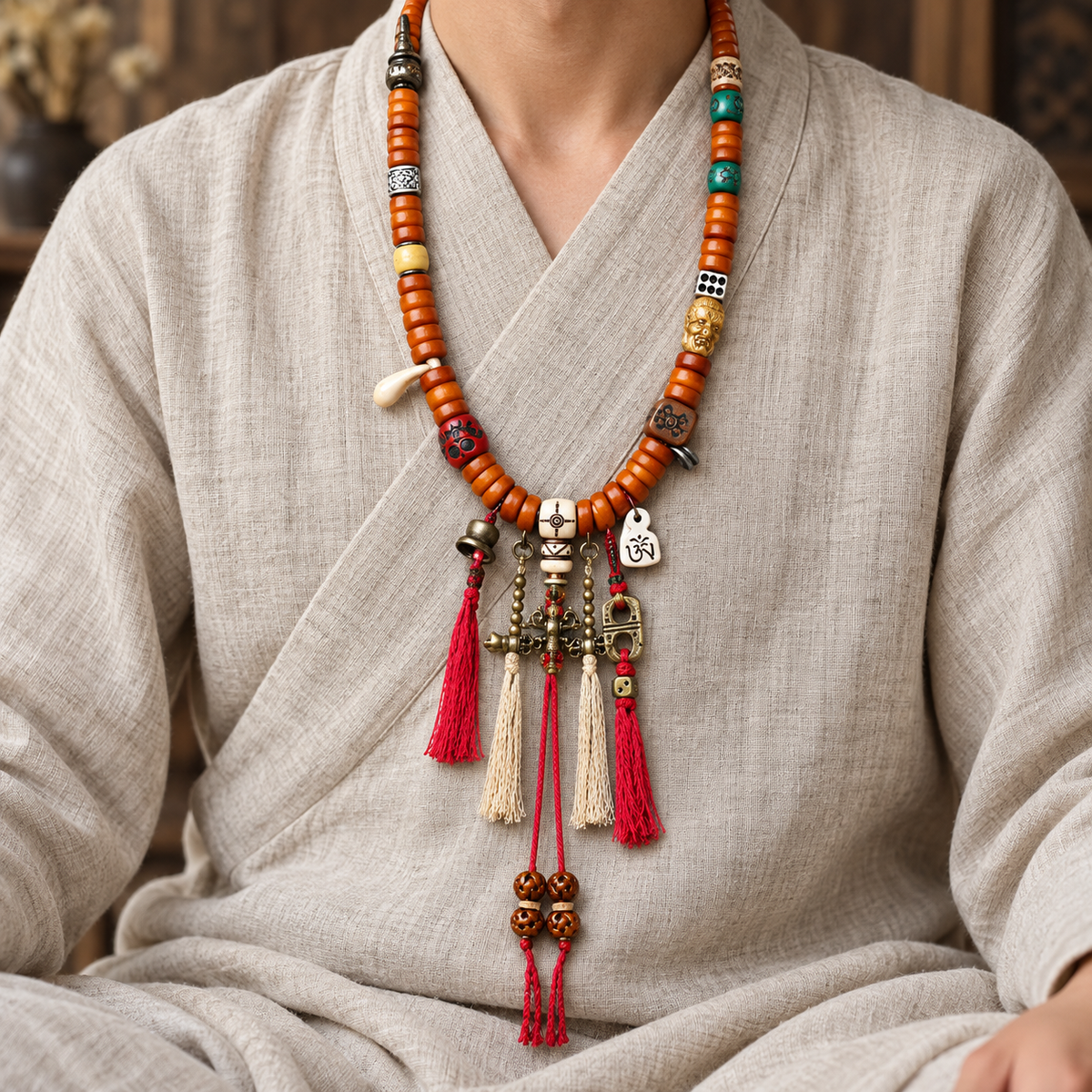 EverestArtstudios Bone 108-Bead Mala with Carved and Metal-Tone Accents — linen seated