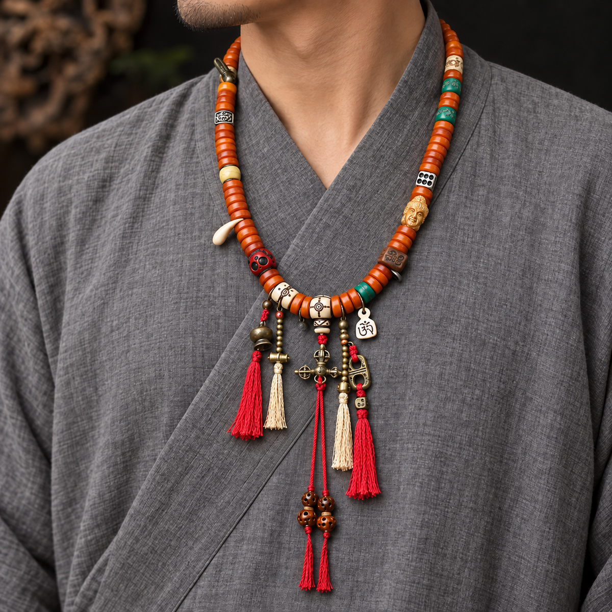 EverestArtstudios Bone 108-Bead Mala with Carved and Metal-Tone Accents — linen side