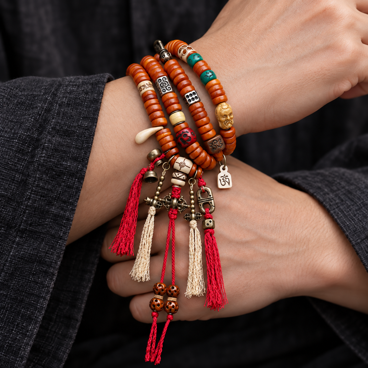 EverestArtstudios Bone 108-Bead Mala with Carved and Metal-Tone Accents — wrist crossed