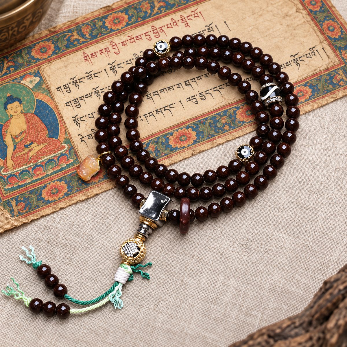 EverestArtstudios Coconut 108-Bead Mala with Inlaid Agate Accents — full product