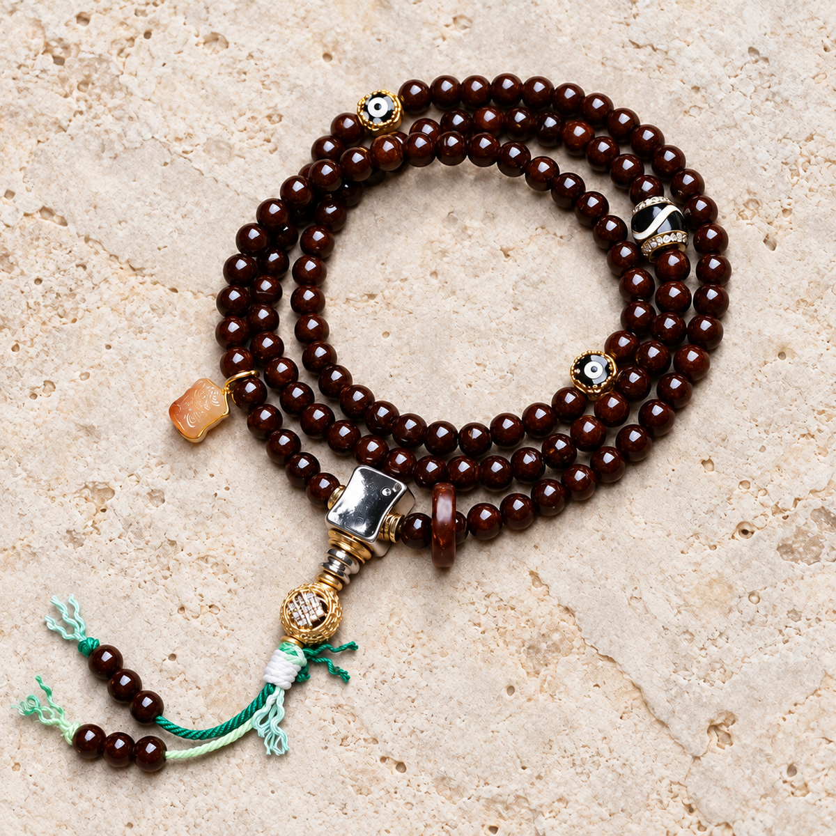 EverestArtstudios Coconut 108-Bead Mala with Inlaid Agate Accents — overall display