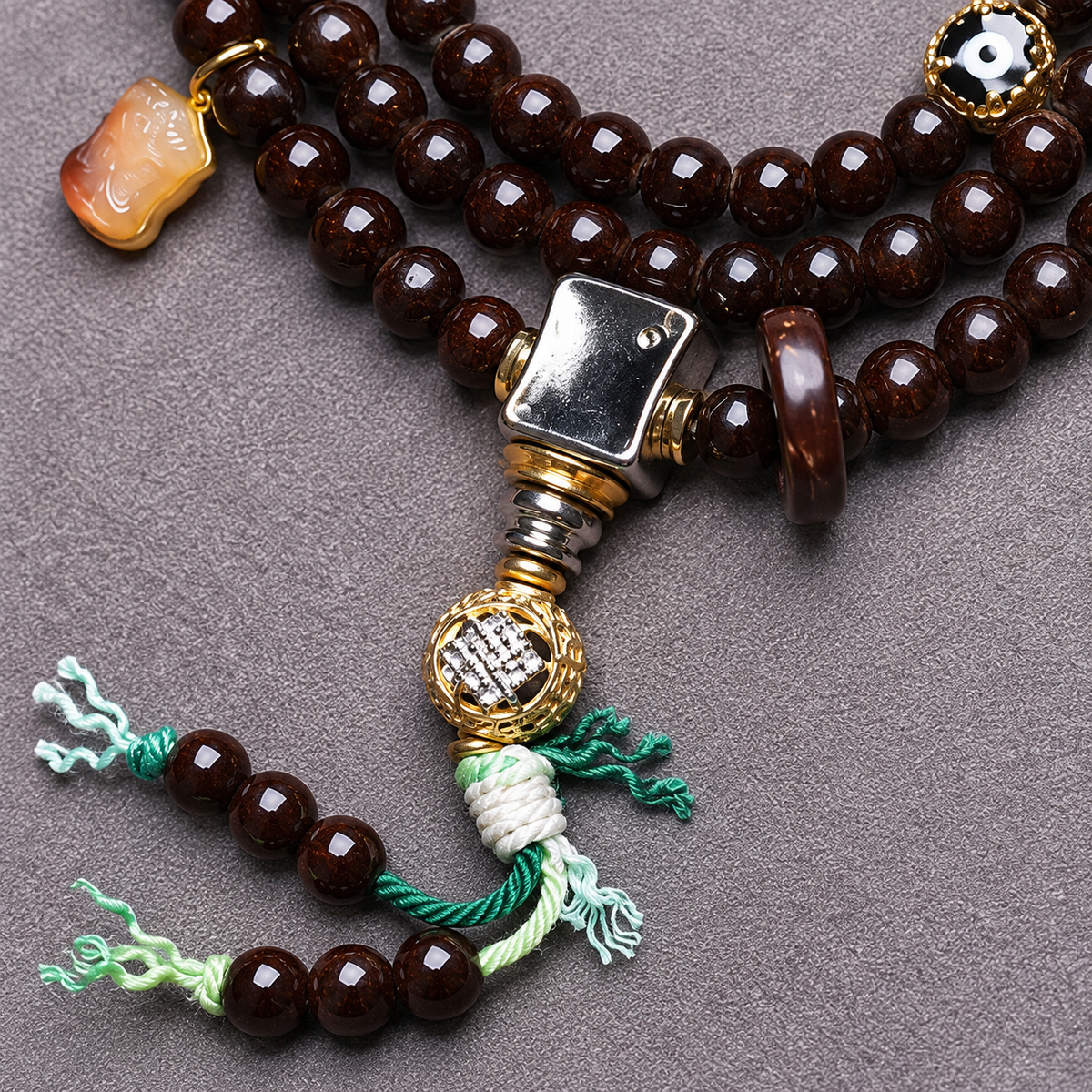 EverestArtstudios Coconut 108-Bead Mala with Inlaid Agate Accents — connection detail