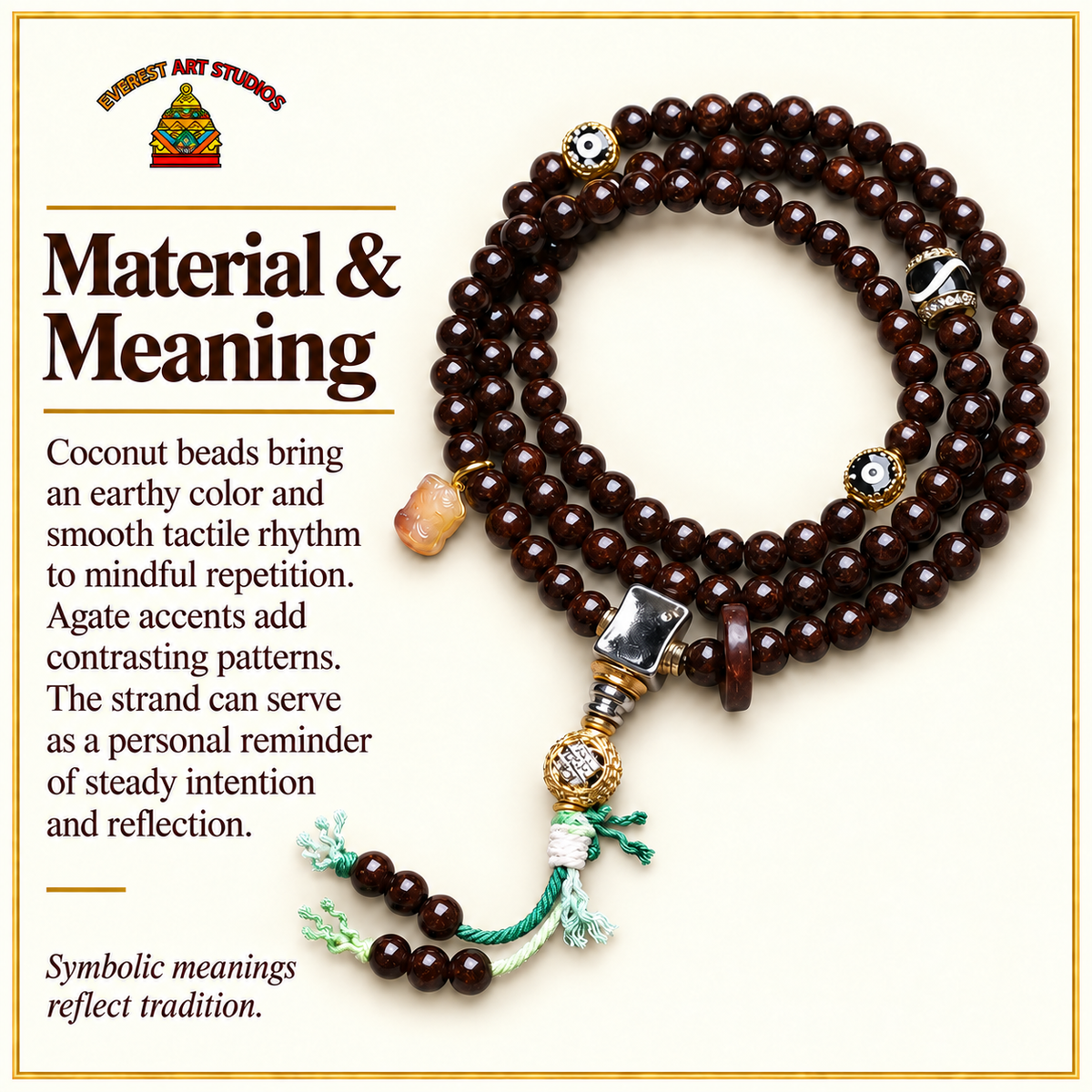EverestArtstudios Coconut 108-Bead Mala with Inlaid Agate Accents — materials meaning