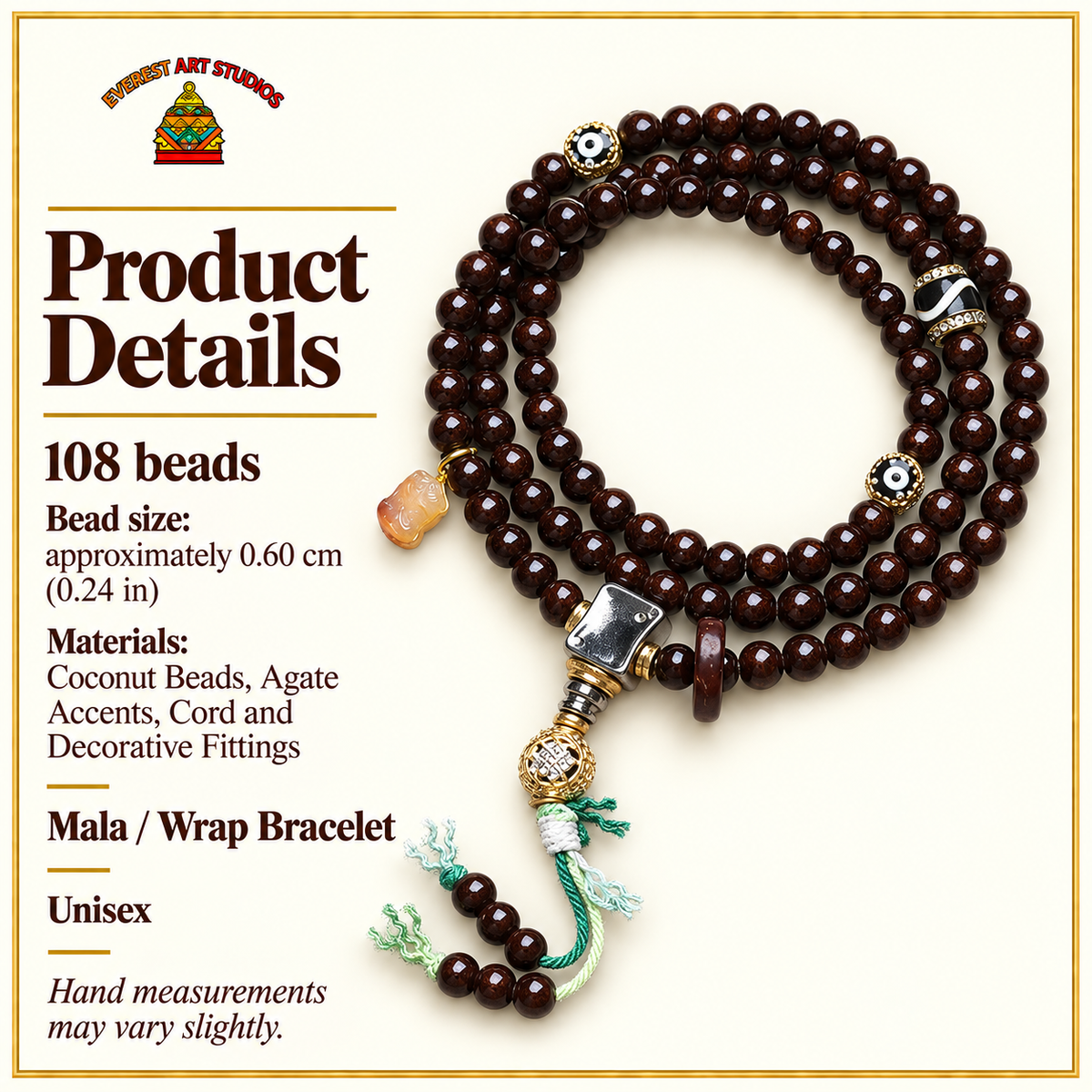 EverestArtstudios Coconut 108-Bead Mala with Inlaid Agate Accents — specifications