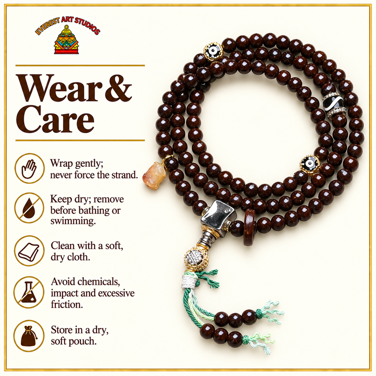 EverestArtstudios Coconut 108-Bead Mala with Inlaid Agate Accents — care