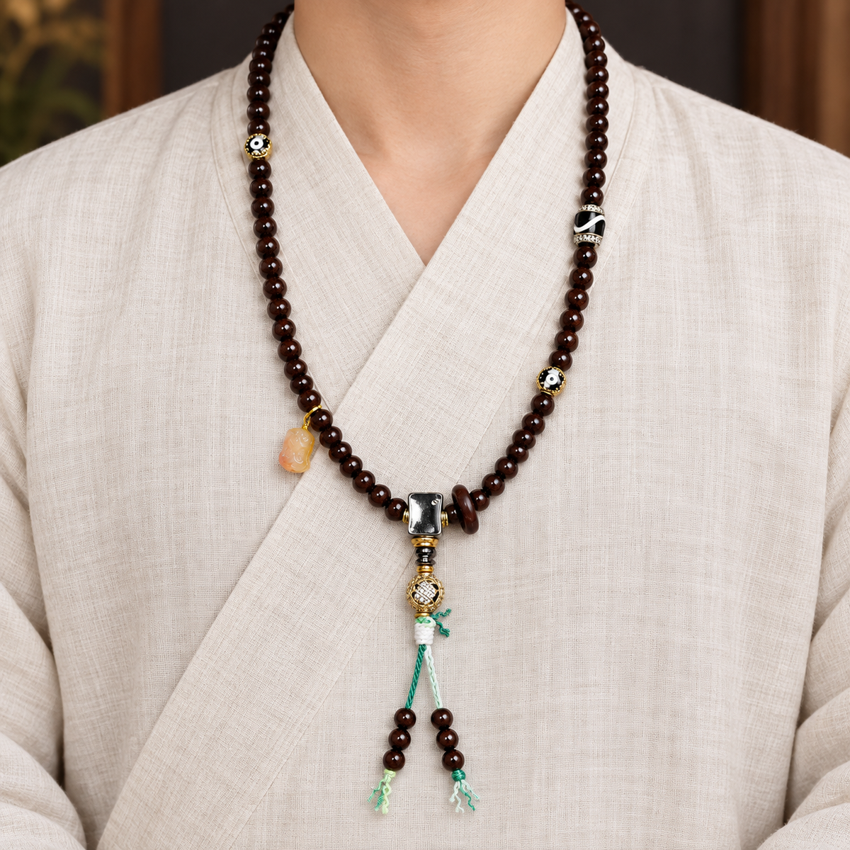 EverestArtstudios Coconut 108-Bead Mala with Inlaid Agate Accents — linen front