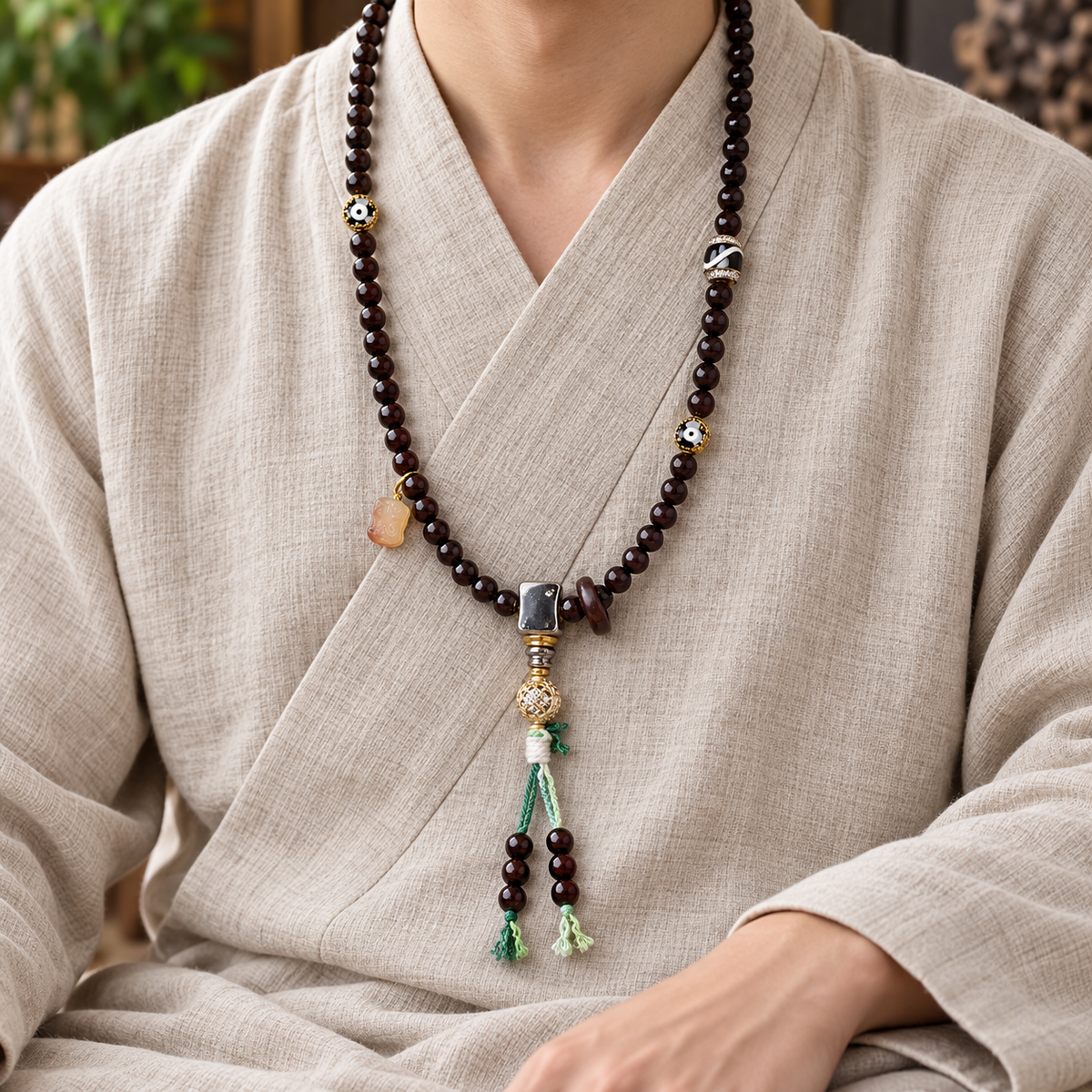 EverestArtstudios Coconut 108-Bead Mala with Inlaid Agate Accents — linen seated
