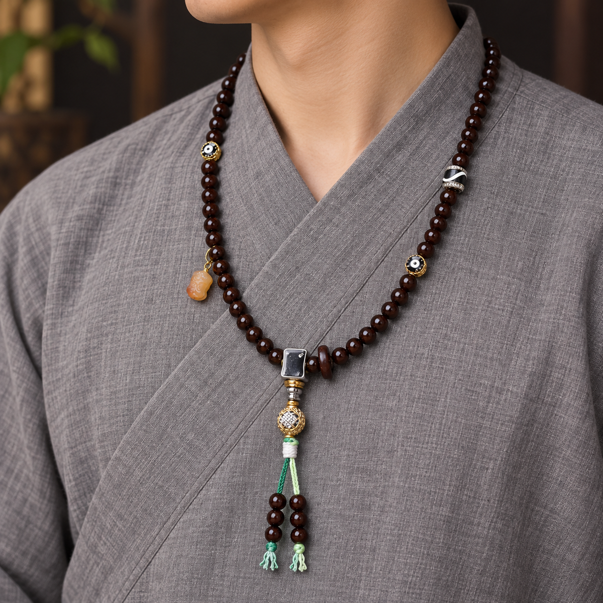 EverestArtstudios Coconut 108-Bead Mala with Inlaid Agate Accents — linen side