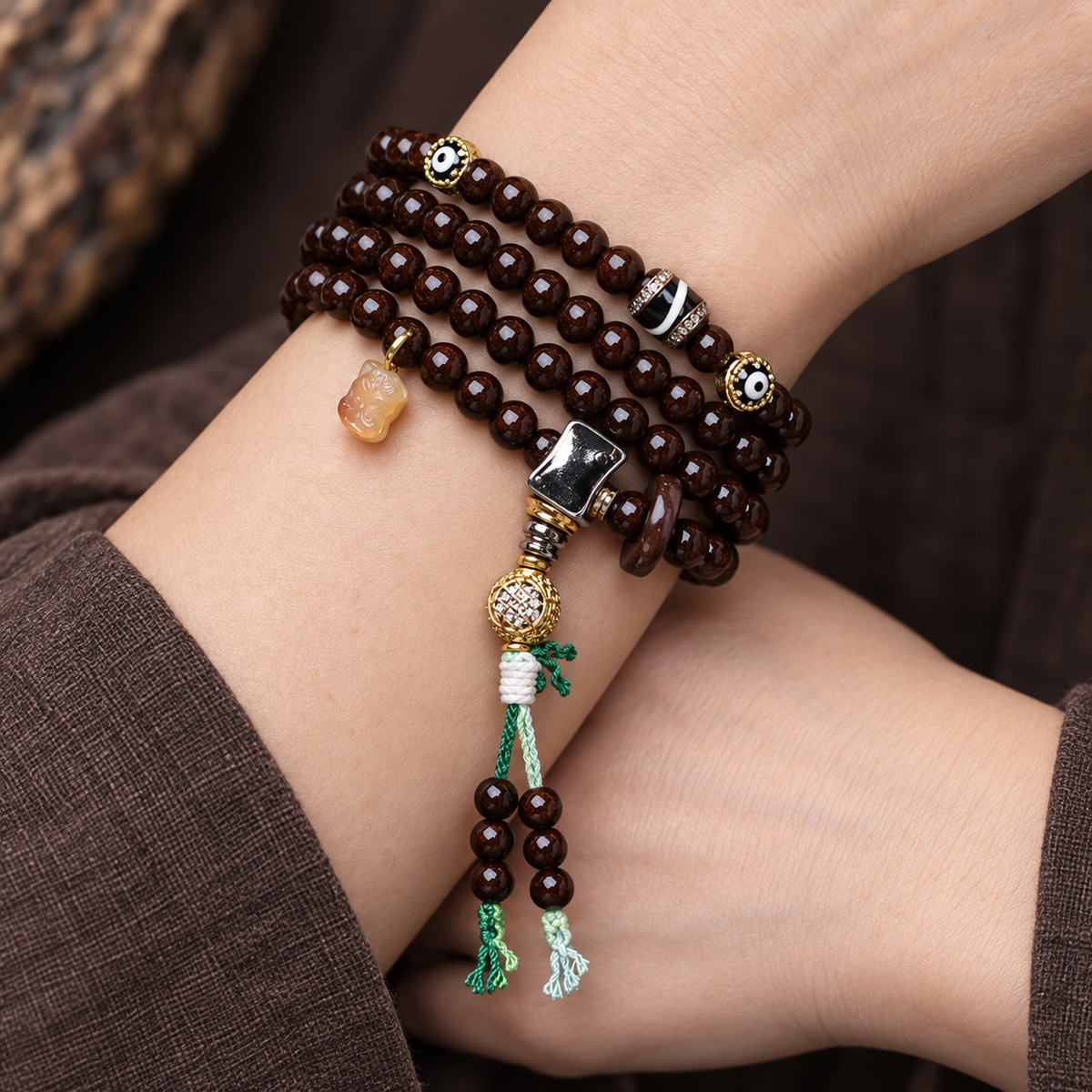 EverestArtstudios Coconut 108-Bead Mala with Inlaid Agate Accents — wrist crossed