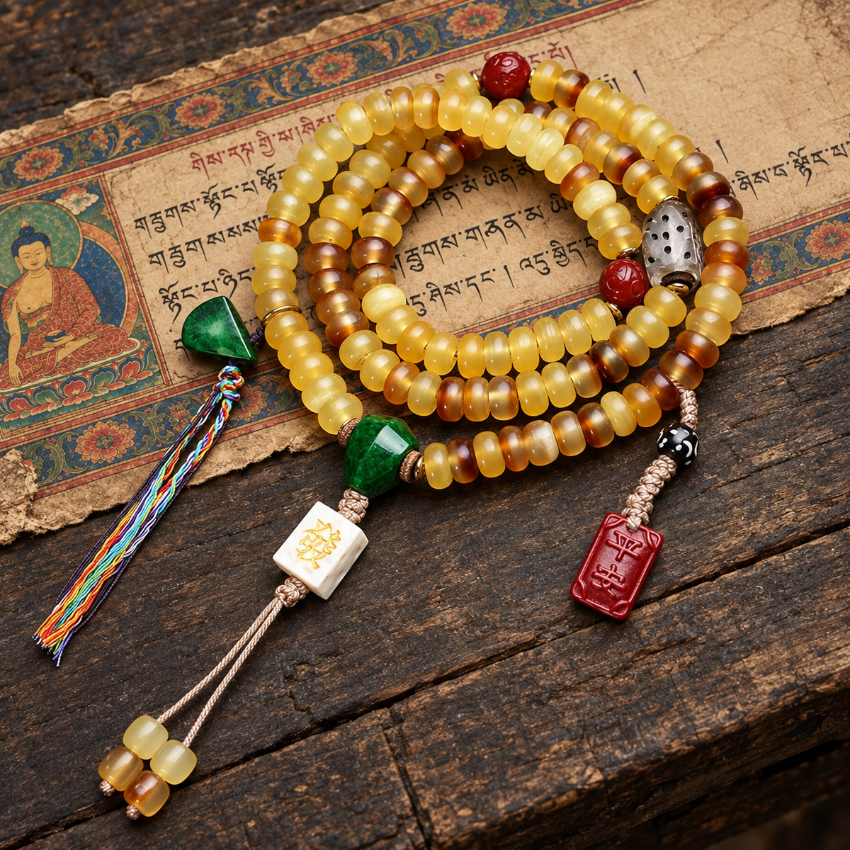 EverestArtstudios Golden Armor Disc-Bead Mala with Agate Accents — full product