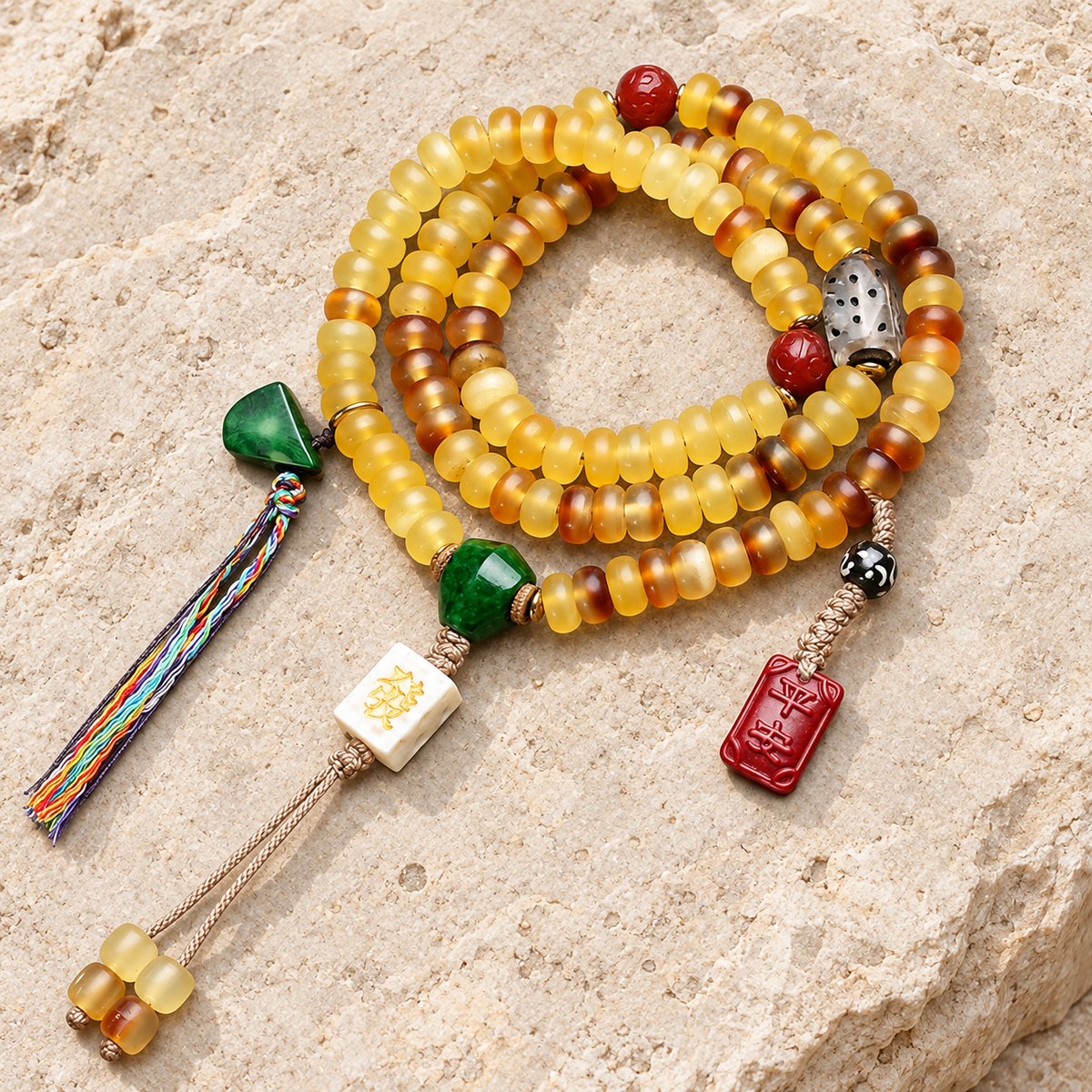 EverestArtstudios Golden Armor Disc-Bead Mala with Agate Accents — overall display