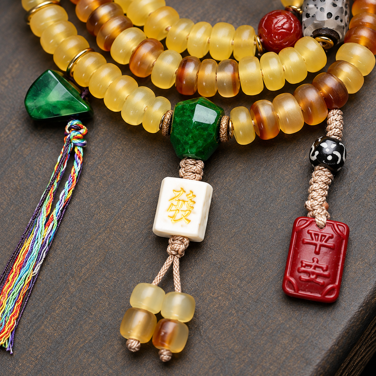 EverestArtstudios Golden Armor Disc-Bead Mala with Agate Accents — connection detail