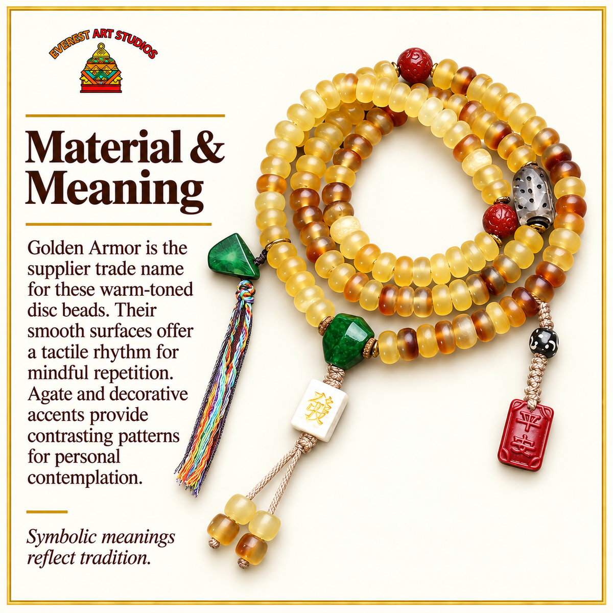 EverestArtstudios Golden Armor Disc-Bead Mala with Agate Accents — materials meaning