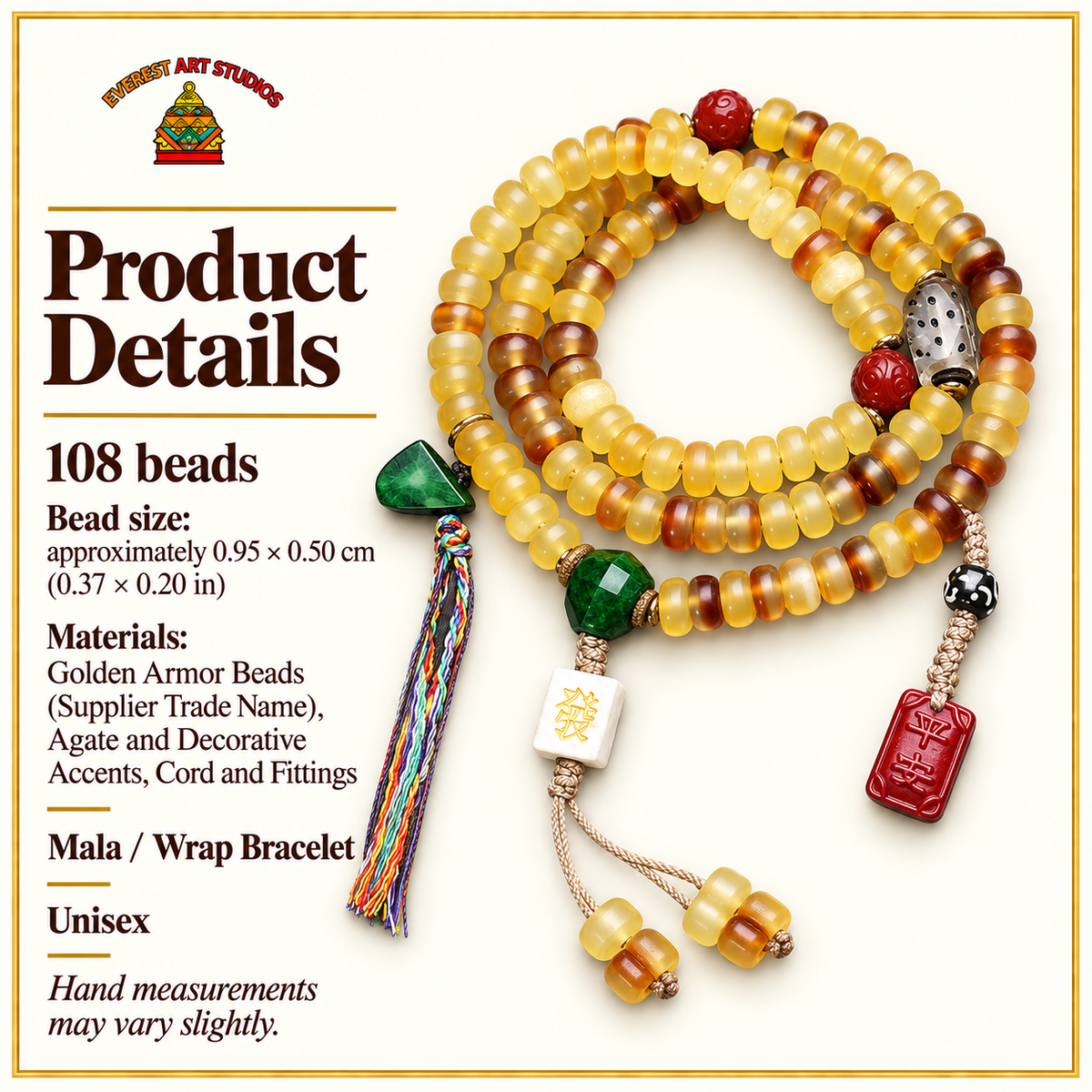 EverestArtstudios Golden Armor Disc-Bead Mala with Agate Accents — specifications