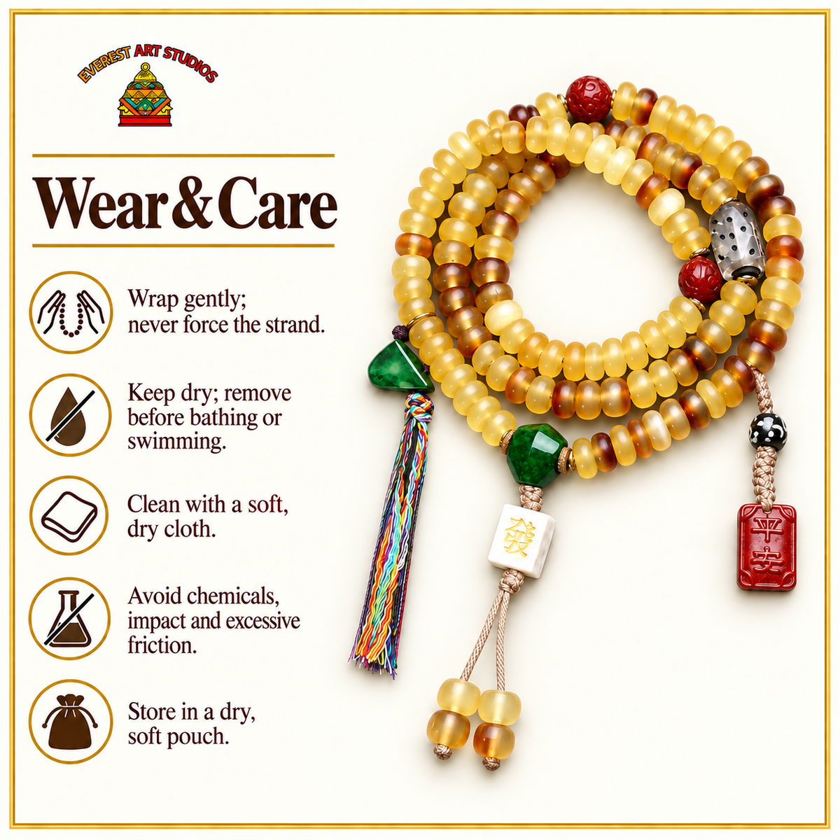 EverestArtstudios Golden Armor Disc-Bead Mala with Agate Accents — care