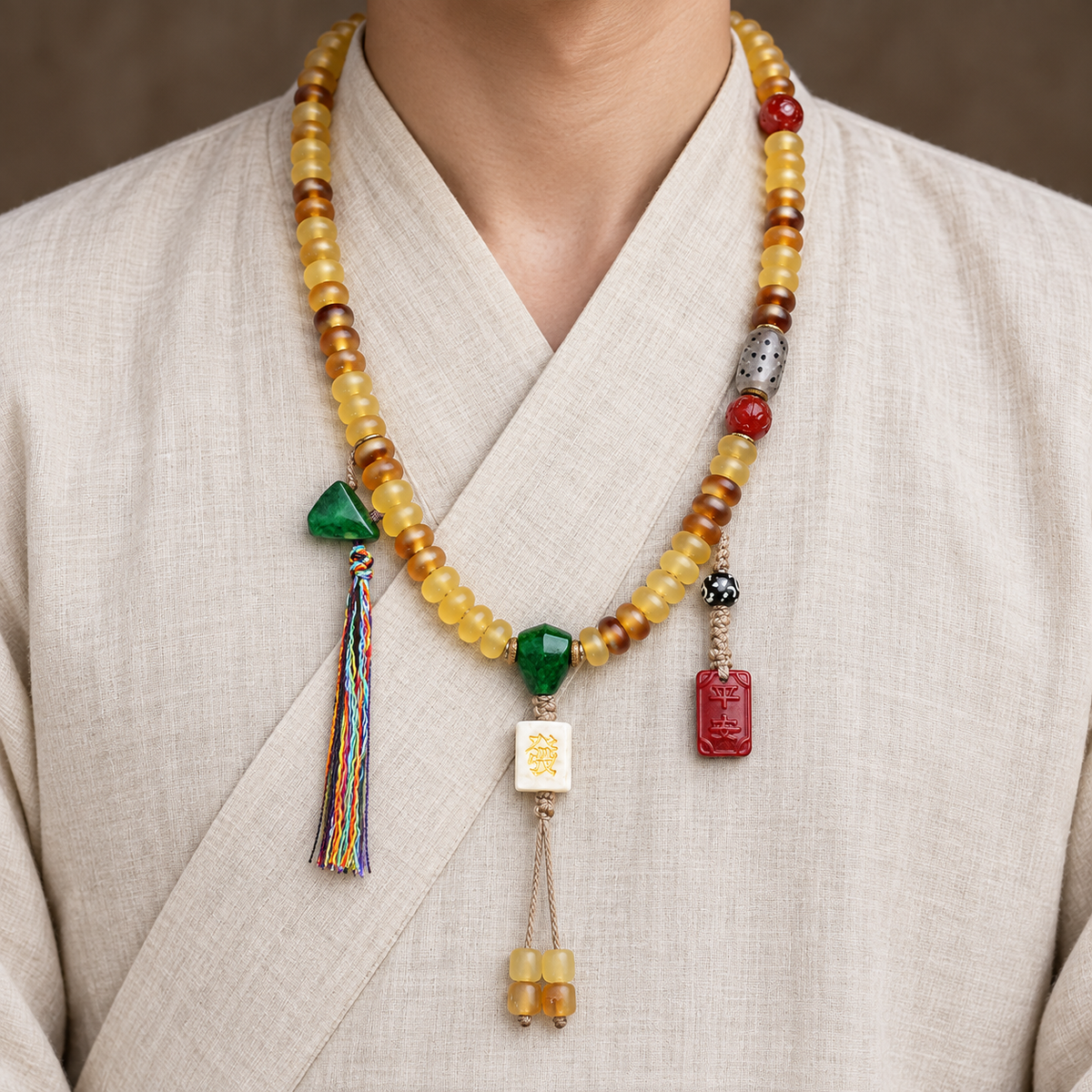 EverestArtstudios Golden Armor Disc-Bead Mala with Agate Accents — linen front