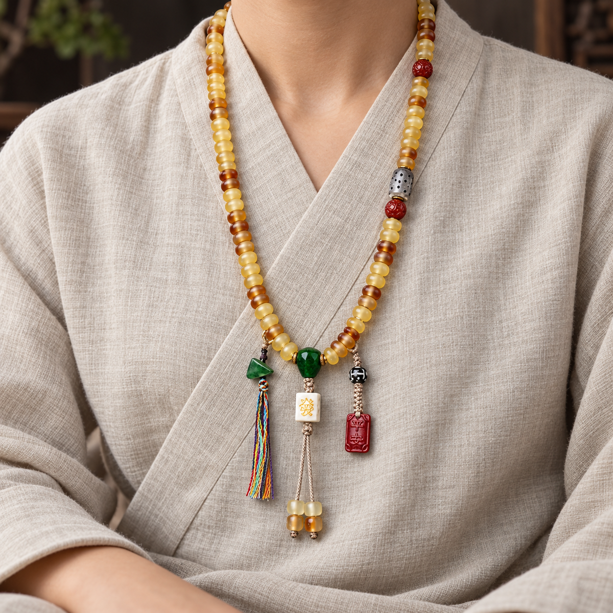 EverestArtstudios Golden Armor Disc-Bead Mala with Agate Accents — linen seated