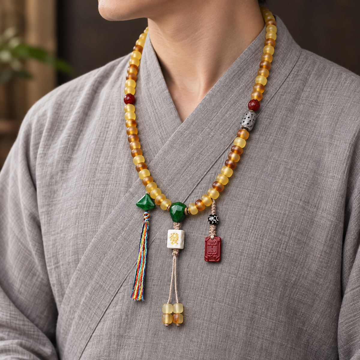 EverestArtstudios Golden Armor Disc-Bead Mala with Agate Accents — linen side