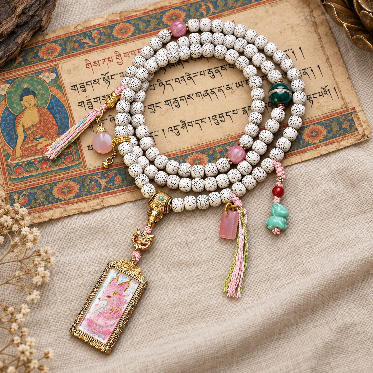 EverestArtstudios Xingyue Bodhi 108-Bead Mala with Nine-Tailed Fox Thangka-Style Pendant — full product