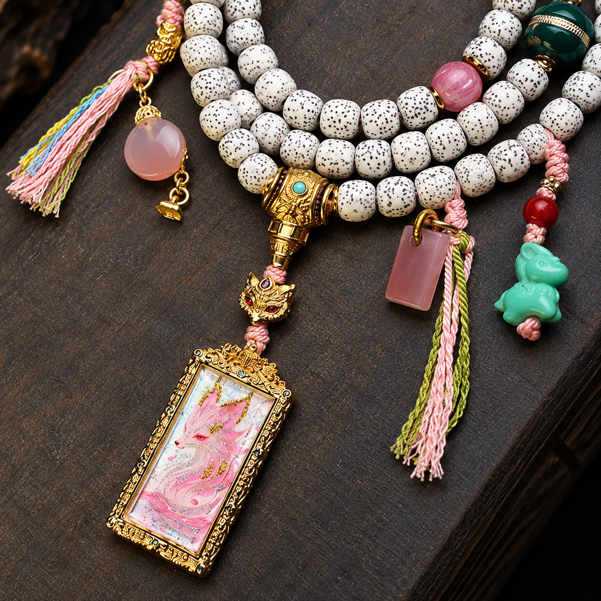 EverestArtstudios Xingyue Bodhi 108-Bead Mala with Nine-Tailed Fox Thangka-Style Pendant — connection detail