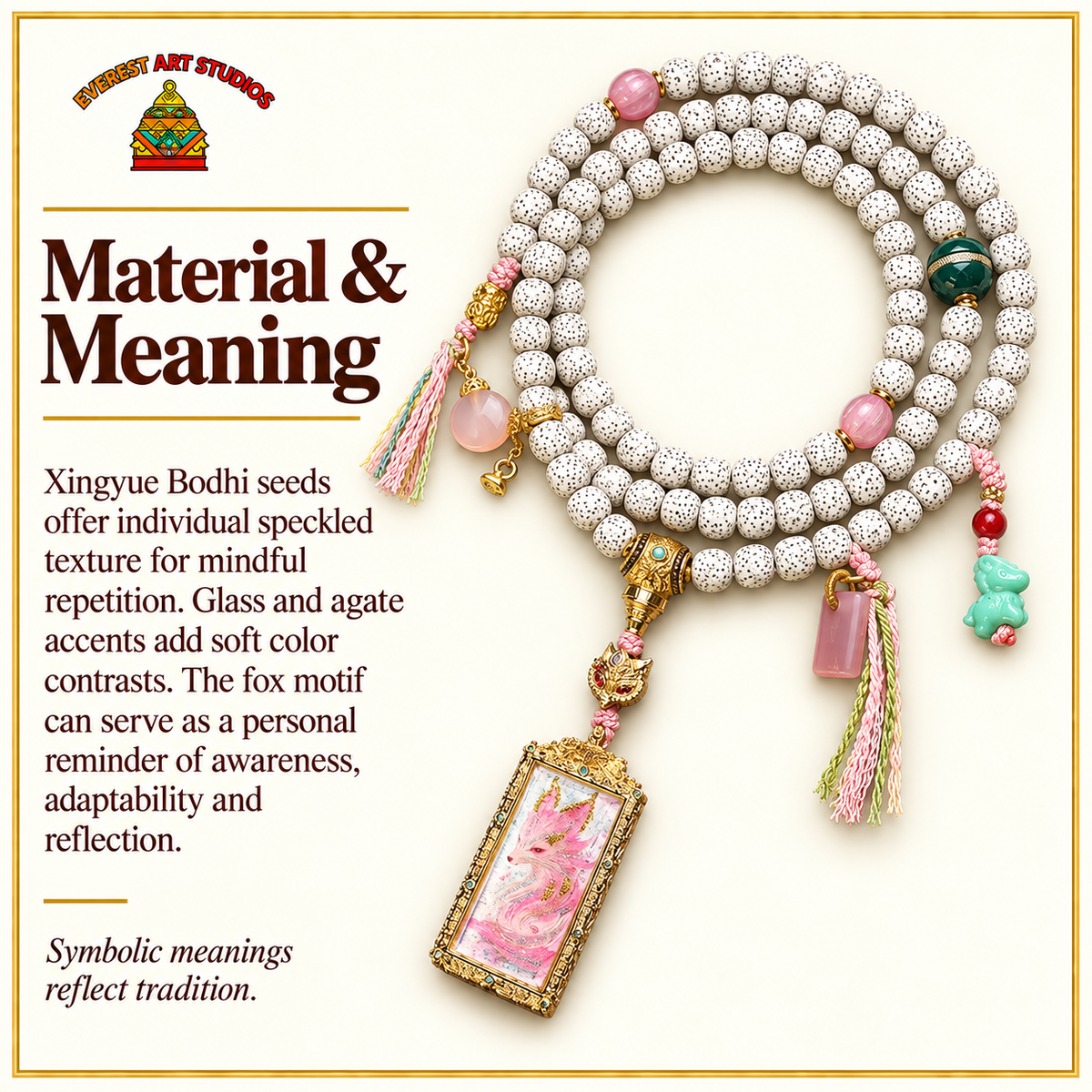 EverestArtstudios Xingyue Bodhi 108-Bead Mala with Nine-Tailed Fox Thangka-Style Pendant — materials meaning