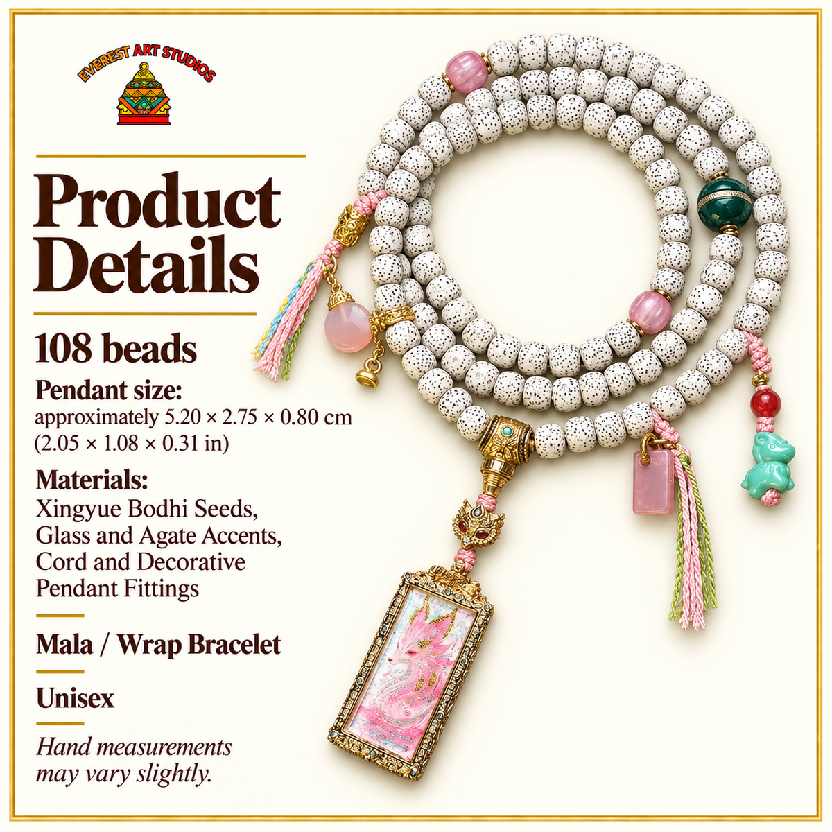 EverestArtstudios Xingyue Bodhi 108-Bead Mala with Nine-Tailed Fox Thangka-Style Pendant — specifications