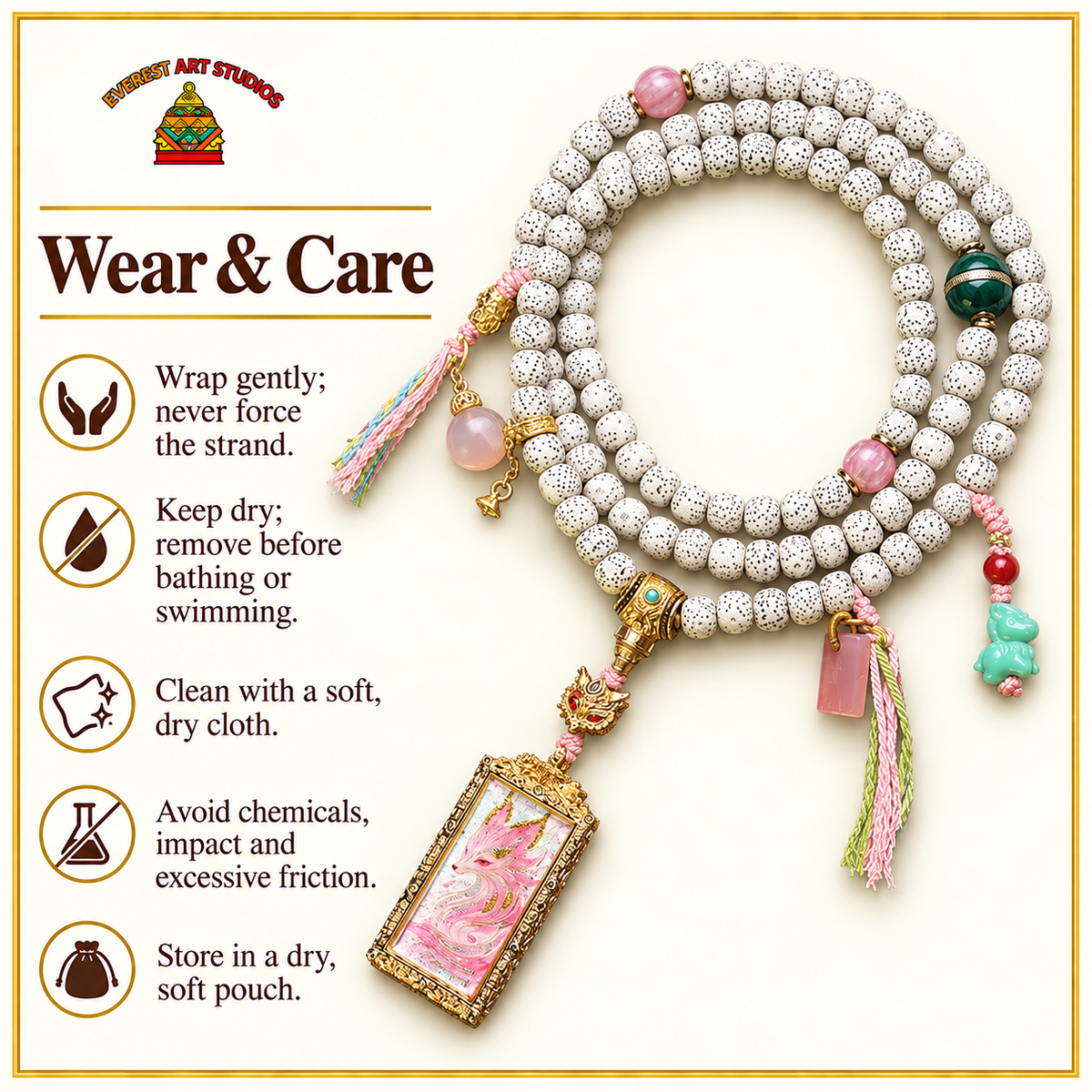 EverestArtstudios Xingyue Bodhi 108-Bead Mala with Nine-Tailed Fox Thangka-Style Pendant — care