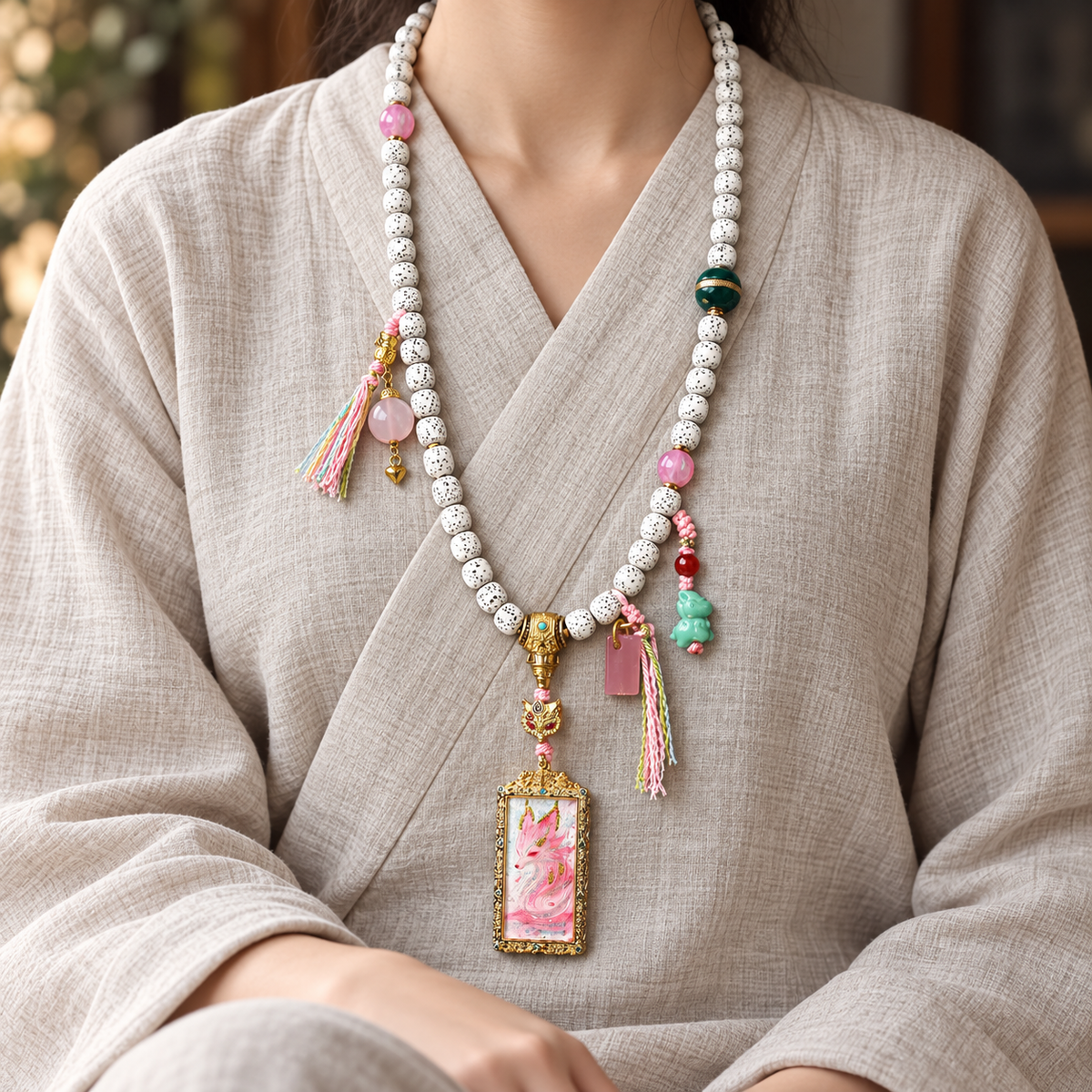 EverestArtstudios Xingyue Bodhi 108-Bead Mala with Nine-Tailed Fox Thangka-Style Pendant — linen seated