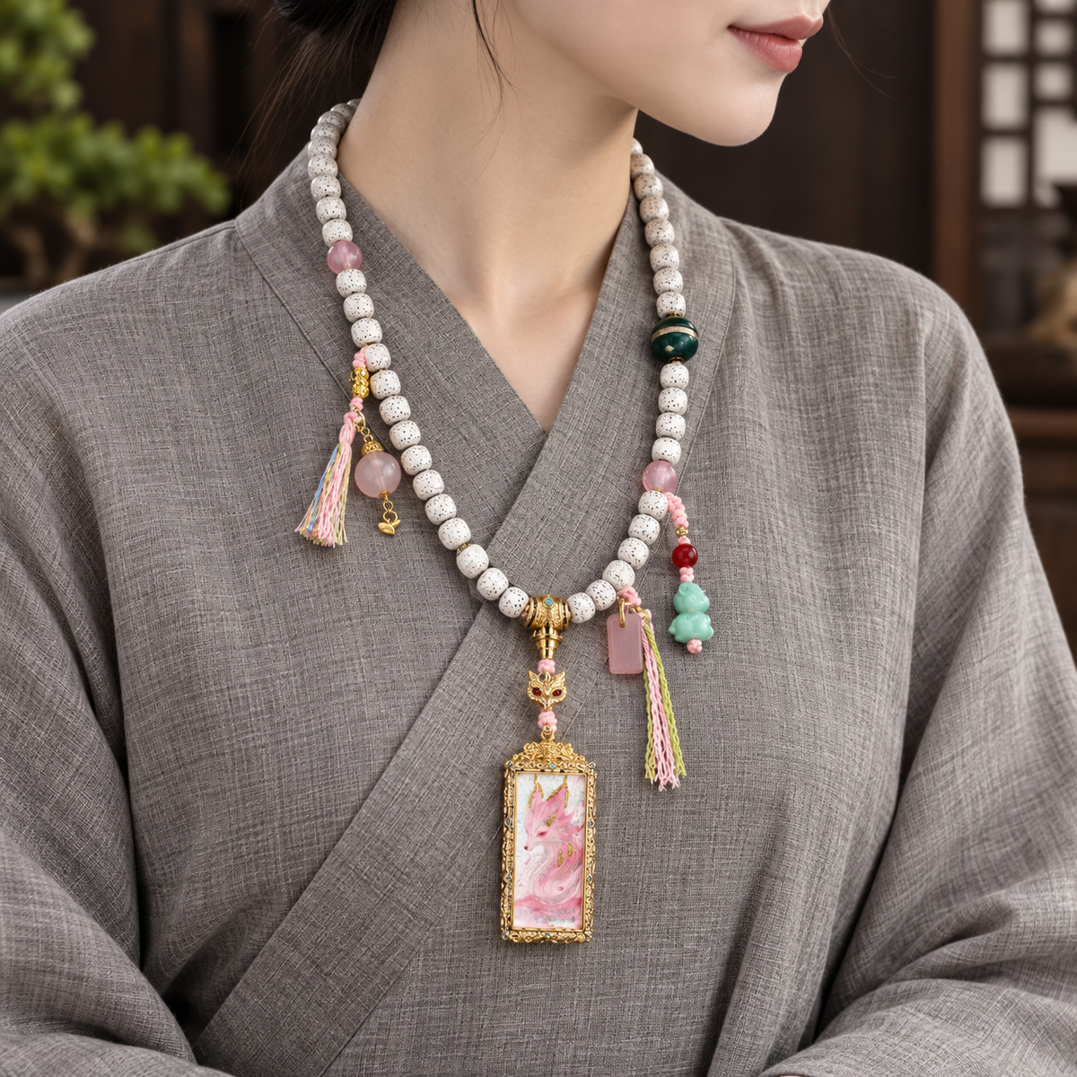 EverestArtstudios Xingyue Bodhi 108-Bead Mala with Nine-Tailed Fox Thangka-Style Pendant — linen side