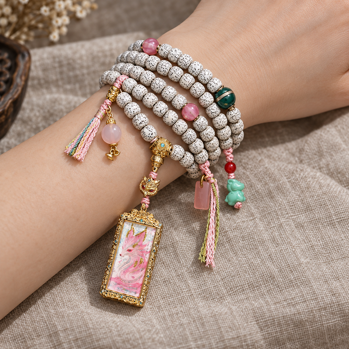 EverestArtstudios Xingyue Bodhi 108-Bead Mala with Nine-Tailed Fox Thangka-Style Pendant — wrist resting