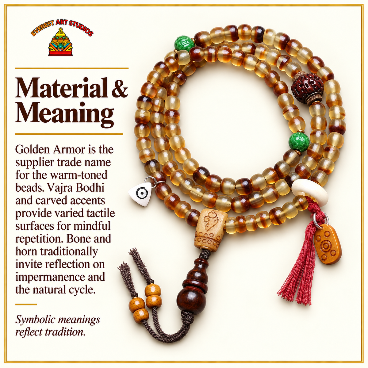 EverestArtstudios Golden Armor Barrel-Bead Mala with Vajra Bodhi and Horn Accents — materials meaning