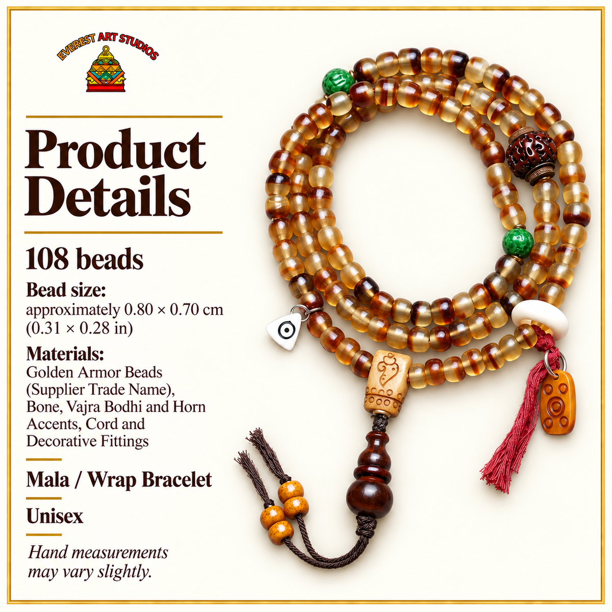 EverestArtstudios Golden Armor Barrel-Bead Mala with Vajra Bodhi and Horn Accents — specifications