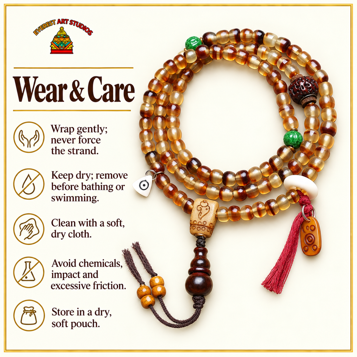 EverestArtstudios Golden Armor Barrel-Bead Mala with Vajra Bodhi and Horn Accents — care
