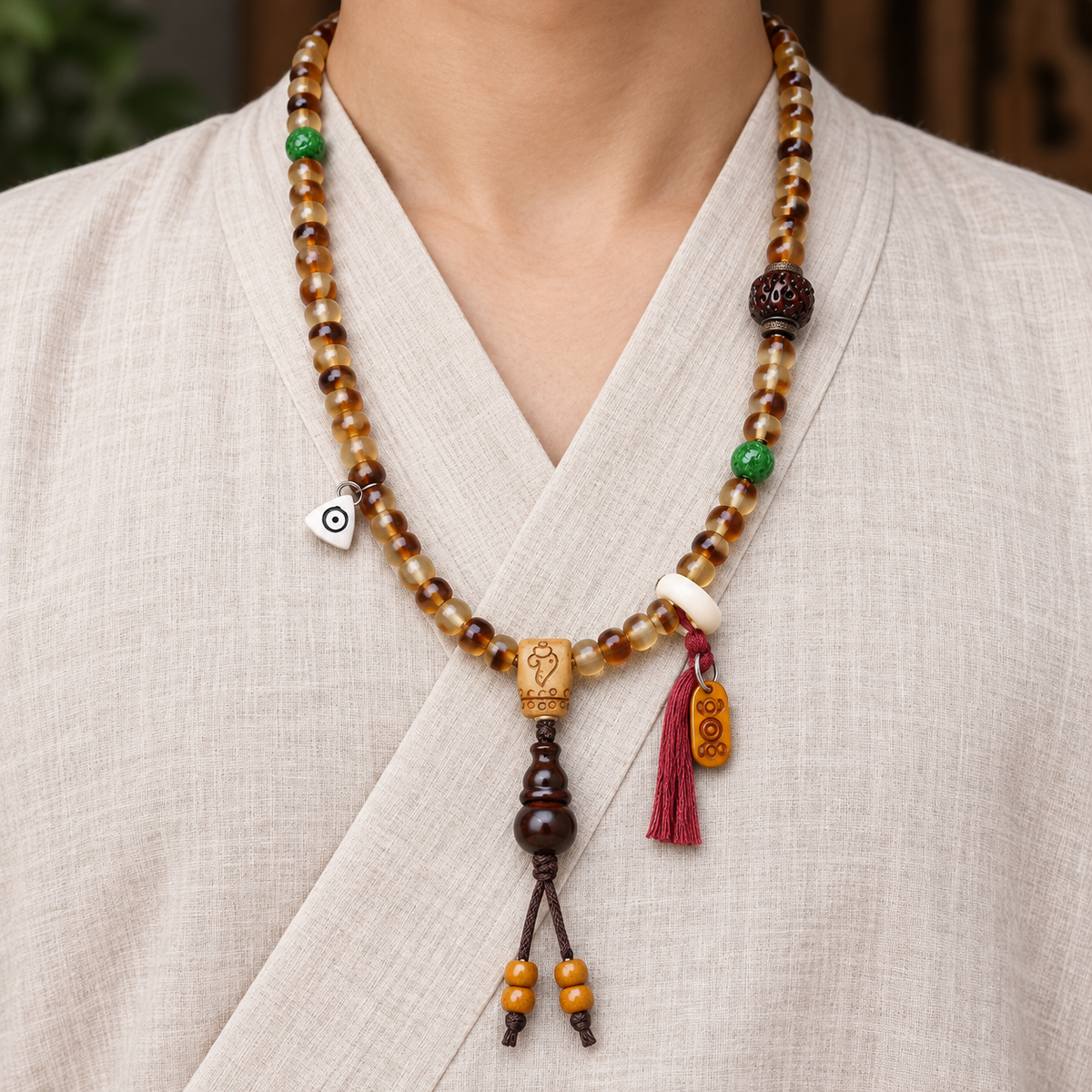 EverestArtstudios Golden Armor Barrel-Bead Mala with Vajra Bodhi and Horn Accents — linen front