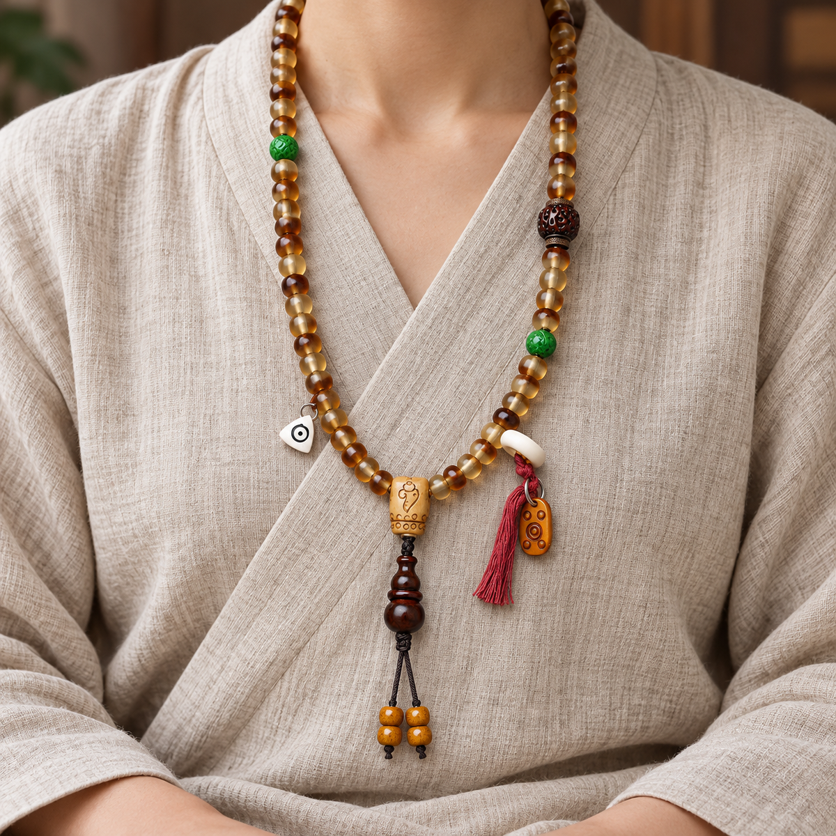 EverestArtstudios Golden Armor Barrel-Bead Mala with Vajra Bodhi and Horn Accents — linen seated