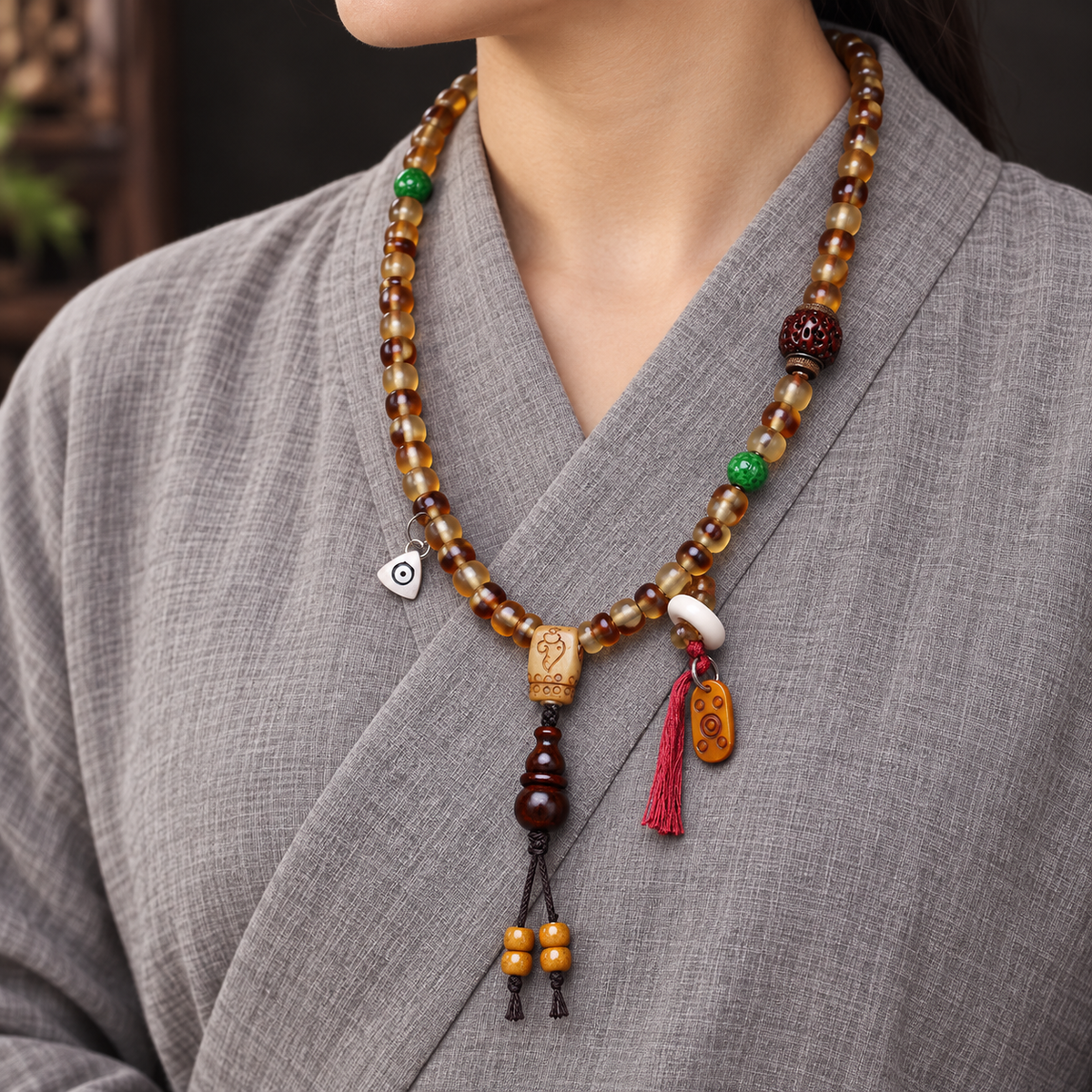 EverestArtstudios Golden Armor Barrel-Bead Mala with Vajra Bodhi and Horn Accents — linen side