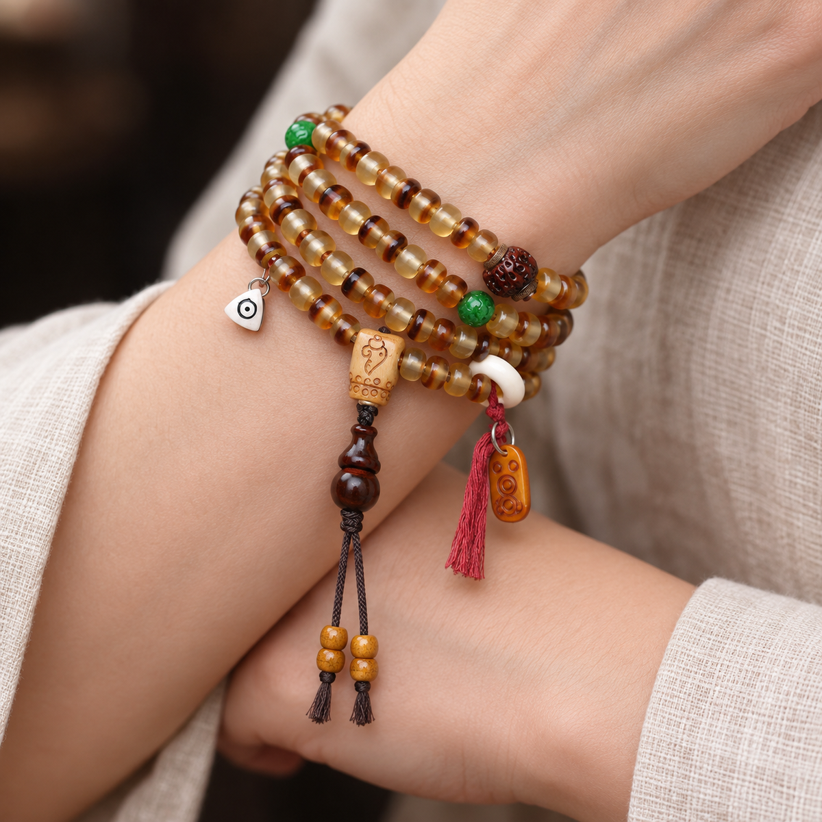 EverestArtstudios Golden Armor Barrel-Bead Mala with Vajra Bodhi and Horn Accents — wrist crossed