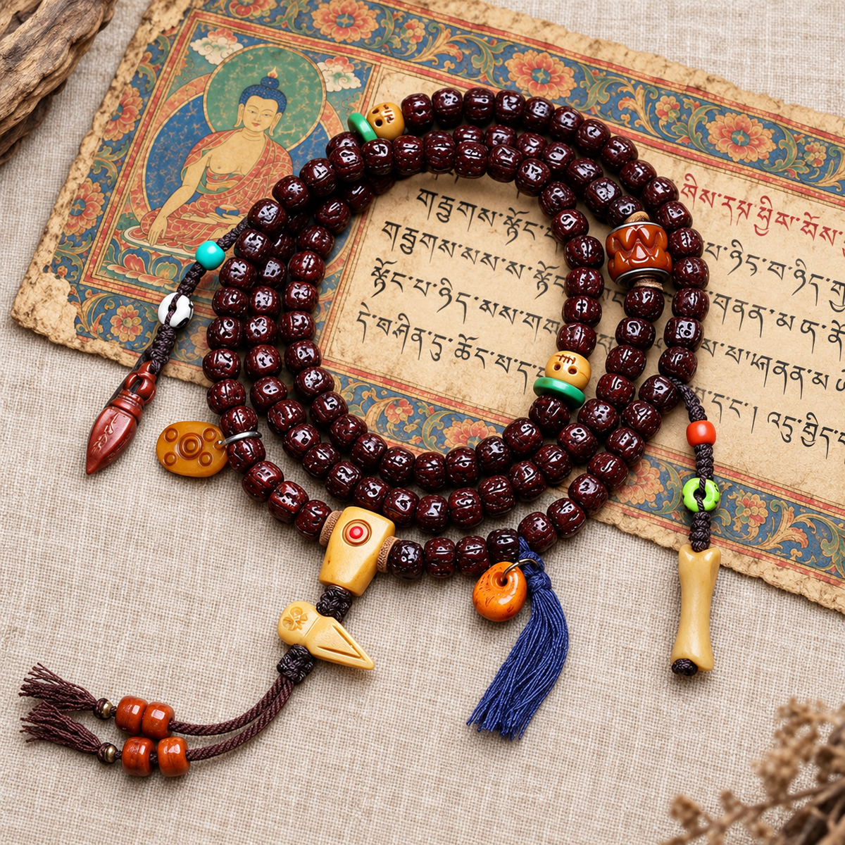 EverestArtstudios Vajra Bodhi 108-Bead Mala with Bone Accents — full product