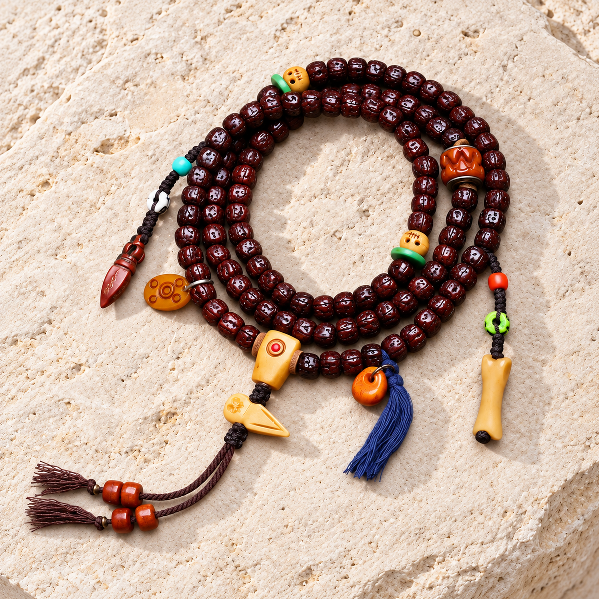 EverestArtstudios Vajra Bodhi 108-Bead Mala with Bone Accents — overall display