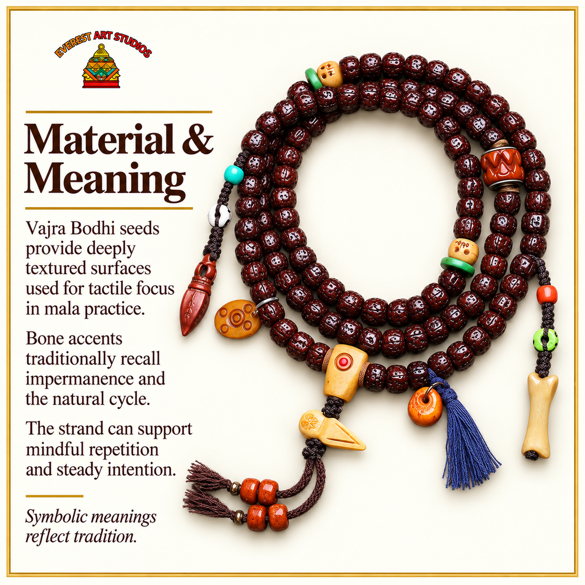 EverestArtstudios Vajra Bodhi 108-Bead Mala with Bone Accents — materials meaning