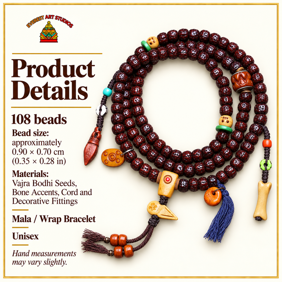 EverestArtstudios Vajra Bodhi 108-Bead Mala with Bone Accents — specifications