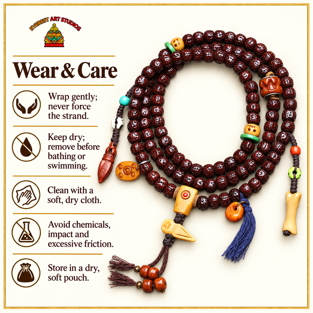EverestArtstudios Vajra Bodhi 108-Bead Mala with Bone Accents — care