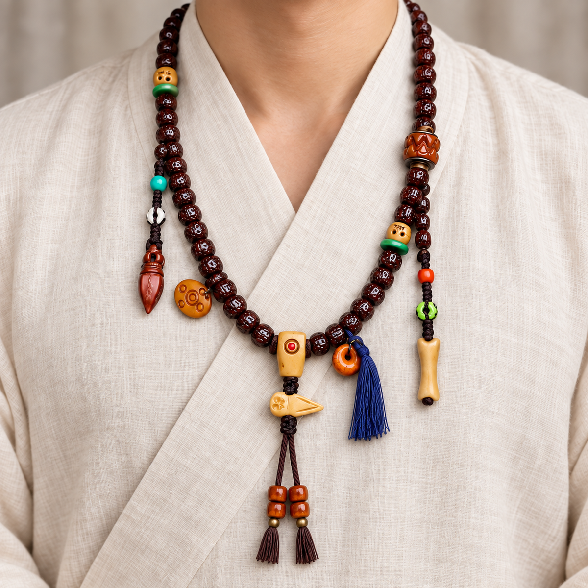 EverestArtstudios Vajra Bodhi 108-Bead Mala with Bone Accents — linen front
