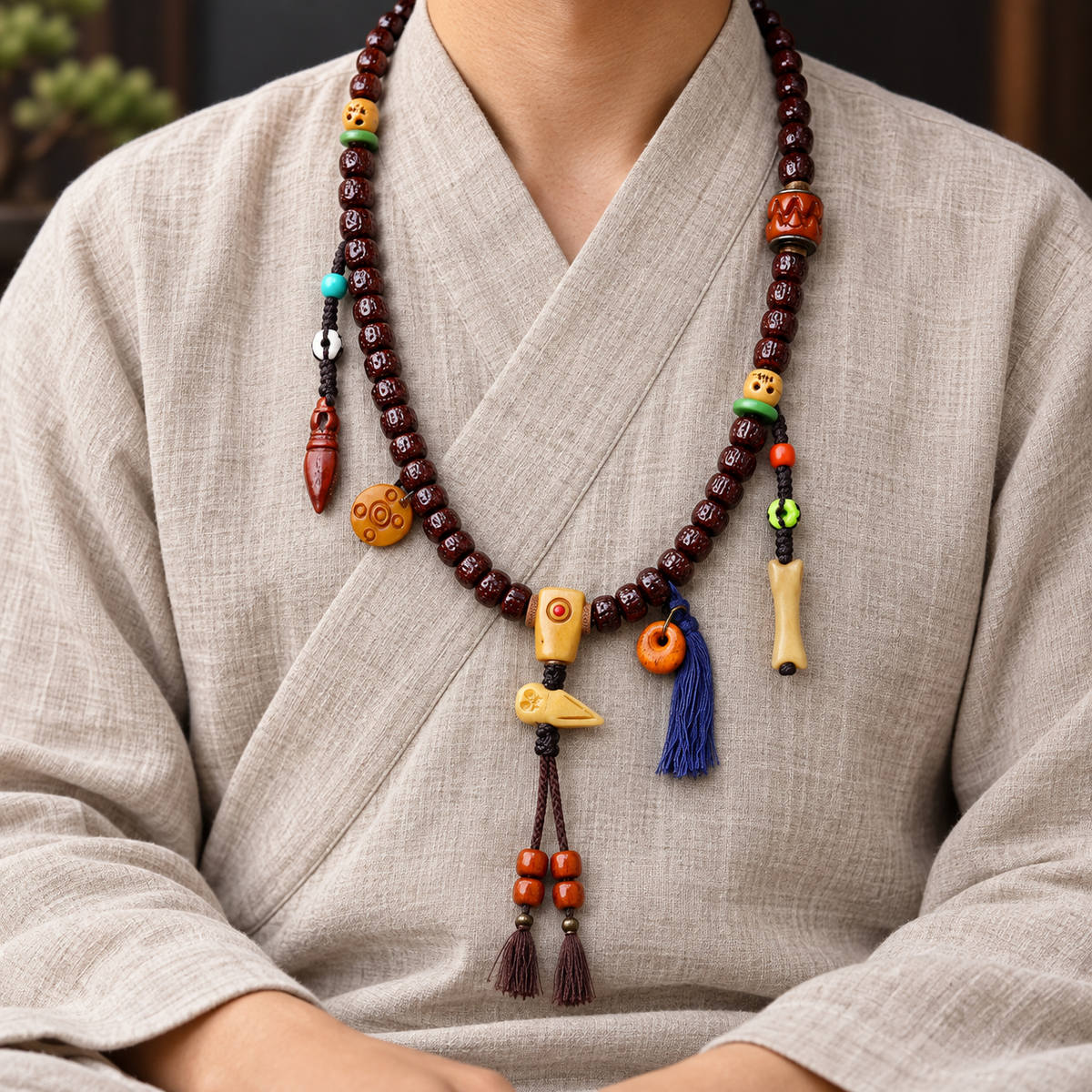 EverestArtstudios Vajra Bodhi 108-Bead Mala with Bone Accents — linen seated