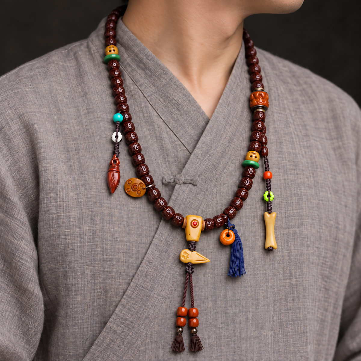 EverestArtstudios Vajra Bodhi 108-Bead Mala with Bone Accents — linen side