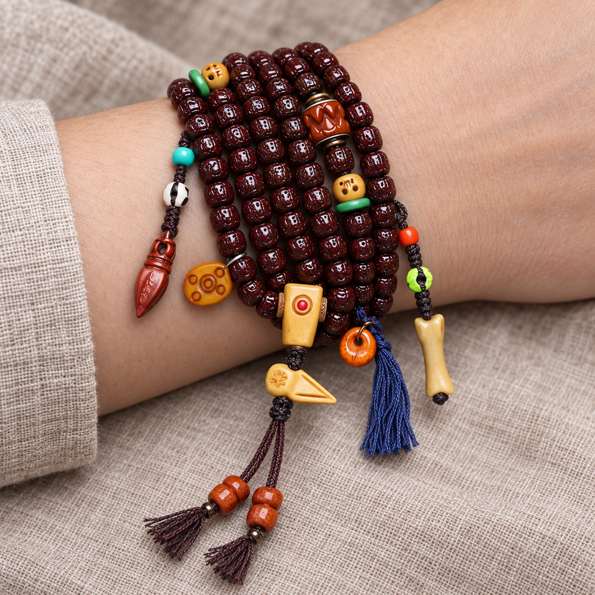 EverestArtstudios Vajra Bodhi 108-Bead Mala with Bone Accents — wrist resting