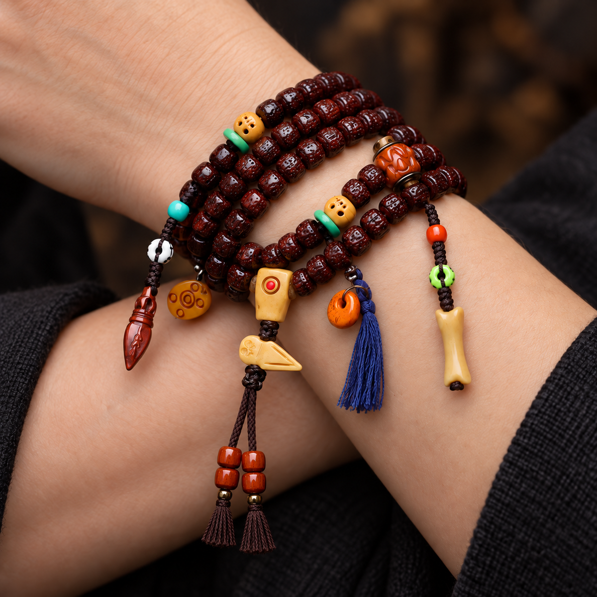 EverestArtstudios Vajra Bodhi 108-Bead Mala with Bone Accents — wrist crossed