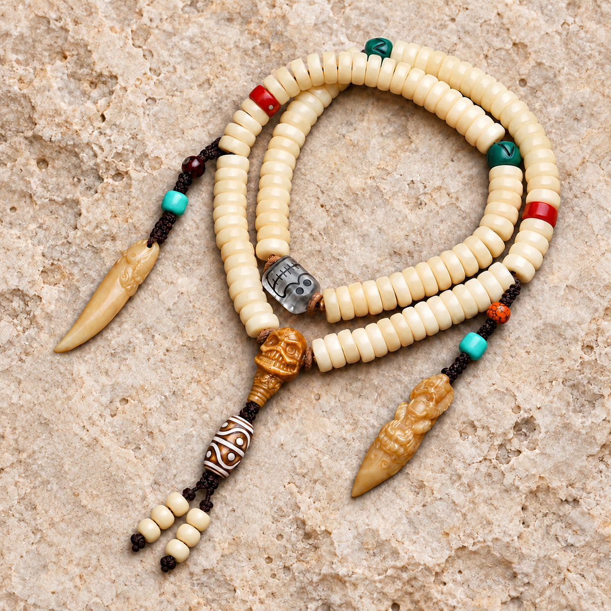 EverestArtstudios Golden-Tone Camel Bone 108-Bead Mala with Carved Accents — overall display
